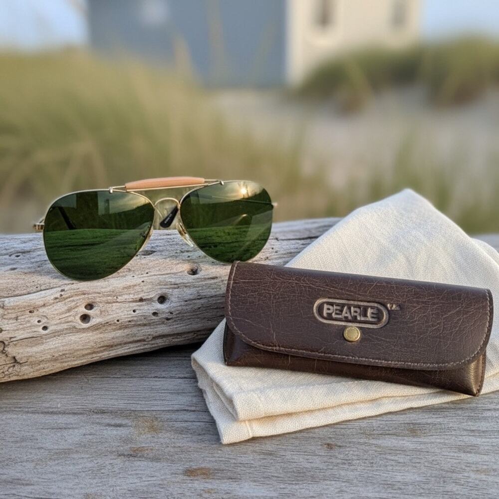 Vintage Opti-Ray Aviator Sunglasses-Green Lenses-Pearle Case-1970s-80s-Pilot-Mod